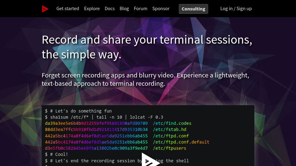 Screenshot of asciinema.org: Asciinema: Record and share your terminal sessions
