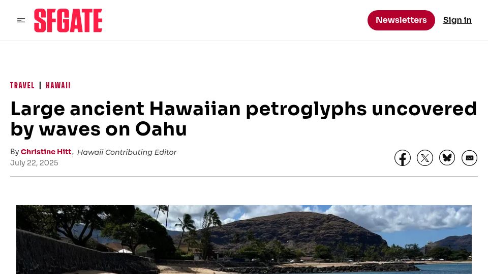Screenshot of sfgate.com: Large ancient Hawaiian petroglyphs uncovered by waves on Oahu