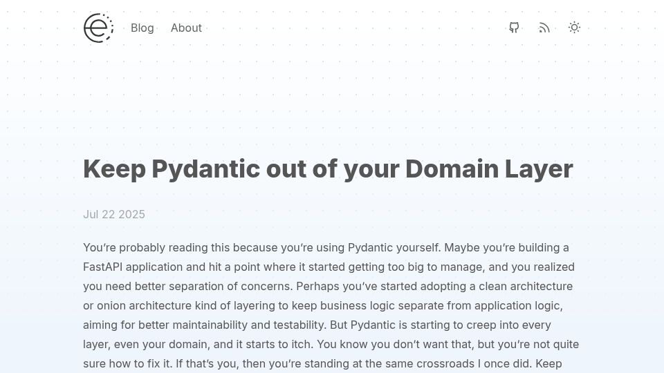 Screenshot of coderik.nl: Keep Pydantic out of your Domain Layer