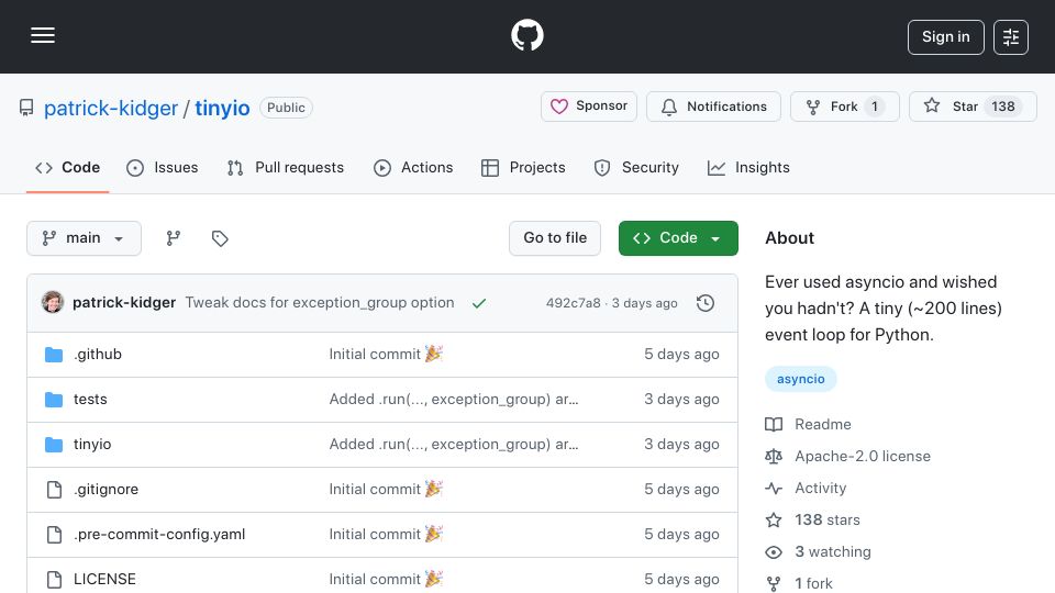 Screenshot of github.com: Tinyio: A tiny (~200 line) event loop for Python
