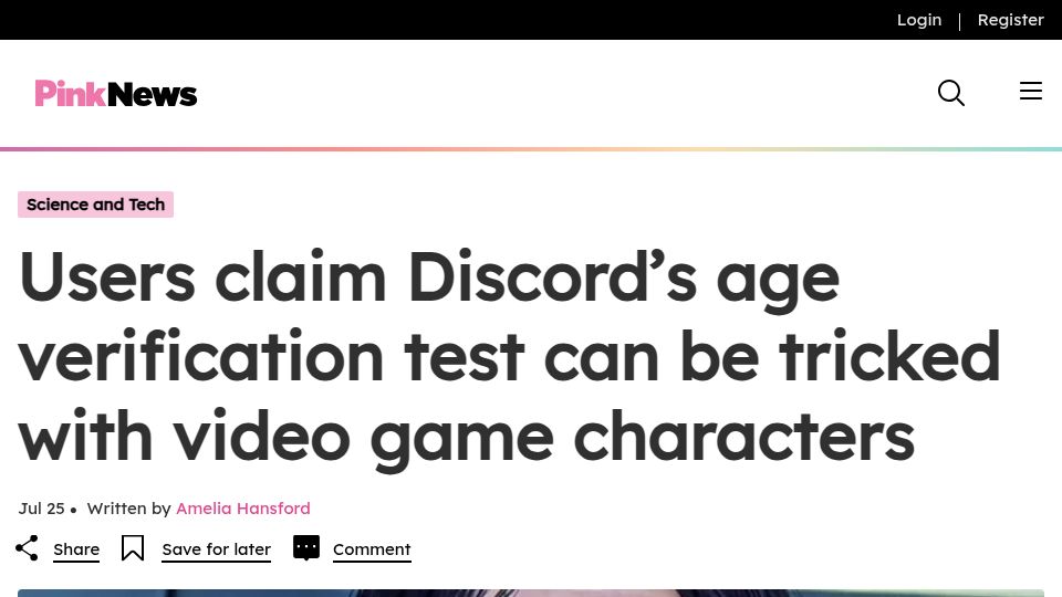 Screenshot of thepinknews.com: Users claim Discord's age verification can be tricked with video game characters