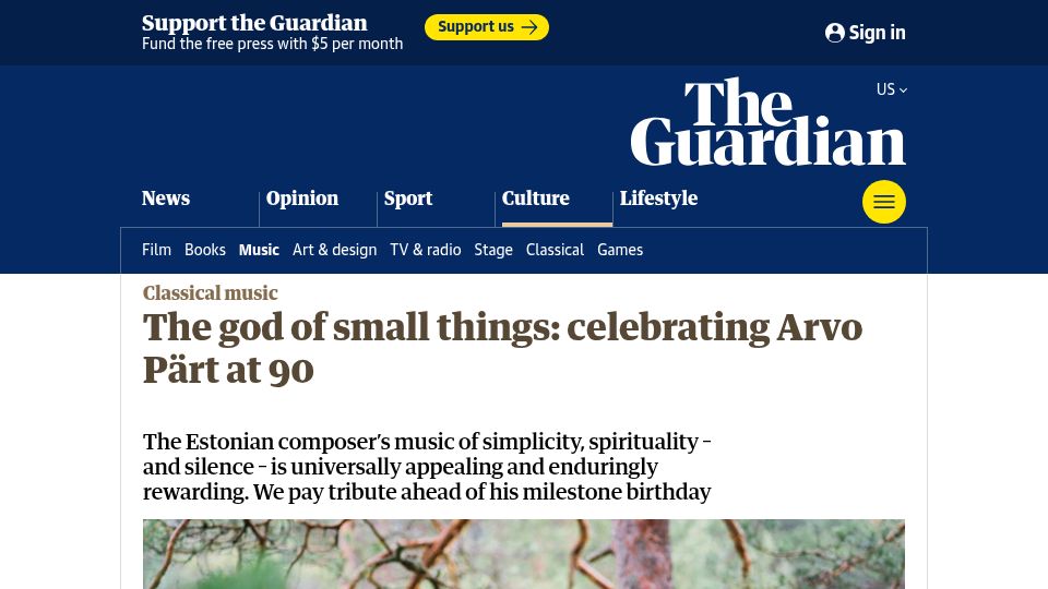 Screenshot of theguardian.com: Arvo Pärt at 90