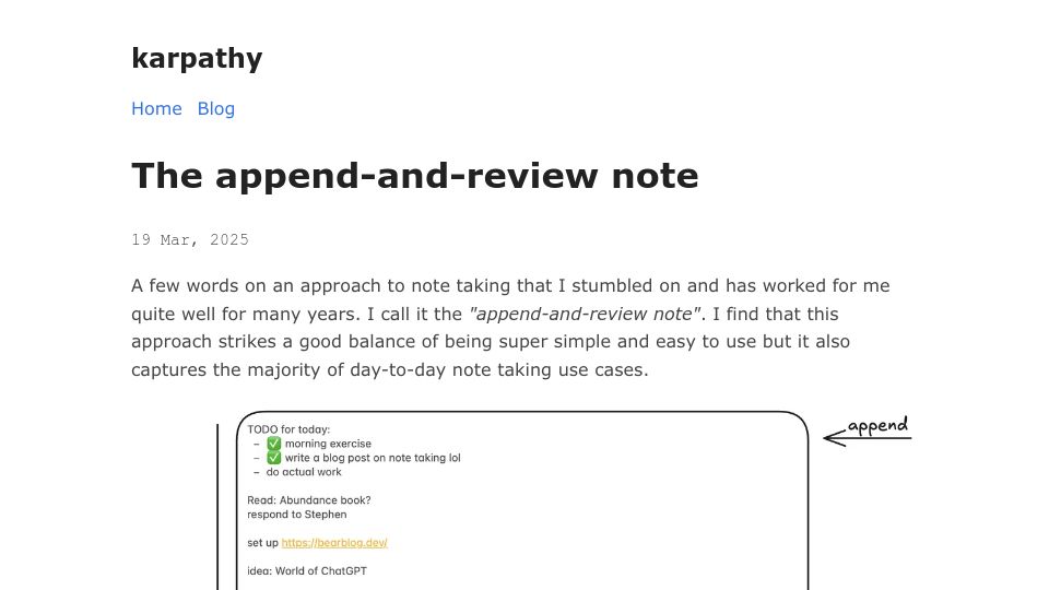 Screenshot of karpathy.bearblog.dev: The append-and-review note