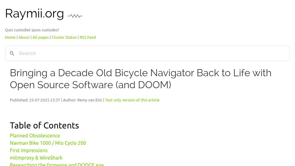 Screenshot of raymii.org: Bringing a decade old bicycle navigator back to life with open source software