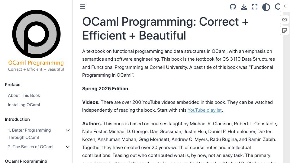 Screenshot of cs3110.github.io: OCaml Programming: Correct and Efficient and Beautiful