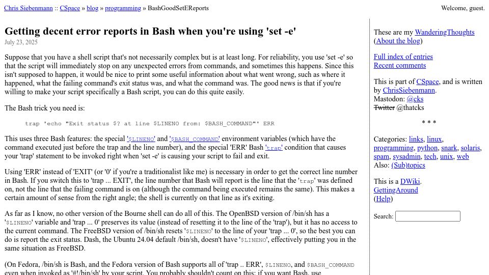 Screenshot of utcc.utoronto.ca: Getting decent error reports in Bash when you're using 'set -e'