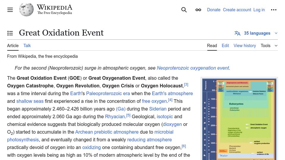Screenshot of en.wikipedia.org: Great Oxidation Event