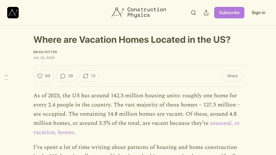 Screenshot of construction-physics.com: Where are vacation homes located in the US?
