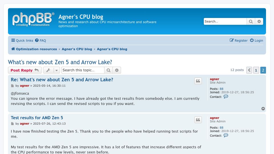 Screenshot of agner.org: Test Results for AMD Zen 5