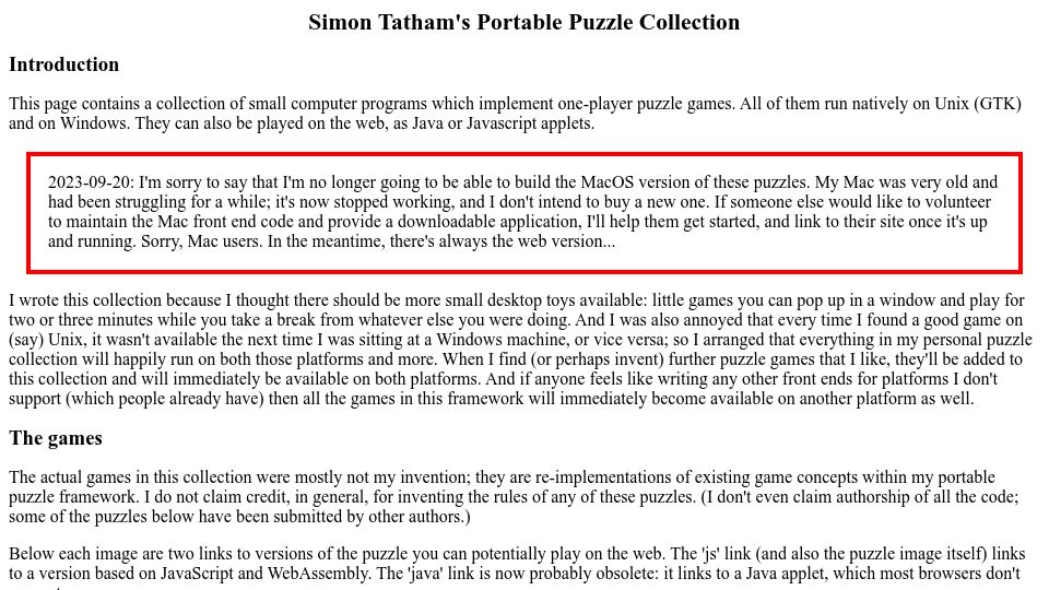 Screenshot of chiark.greenend.org.uk: Simon Tatham's Portable Puzzle Collection