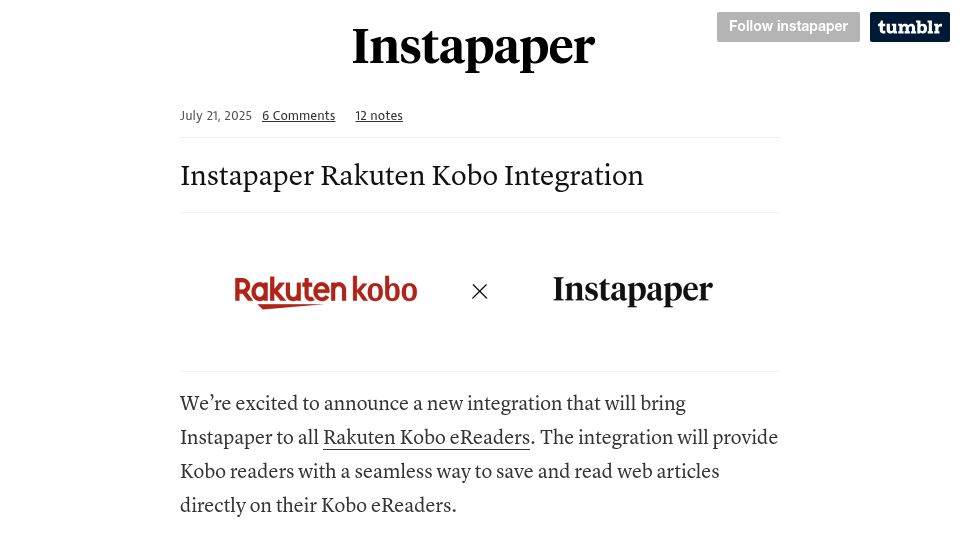 Screenshot of blog.instapaper.com: Instapaper Rakuten Kobo Integration