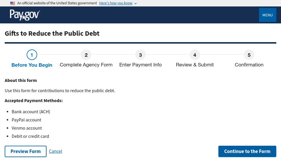 Screenshot of pay.gov: Donate to the Treasury to help pay down the $36.7T public debt