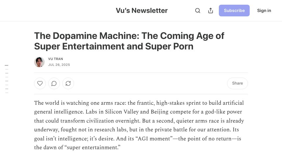 Screenshot of vutran.substack.com: The Coming Age of Super Entertainment and Super Porn