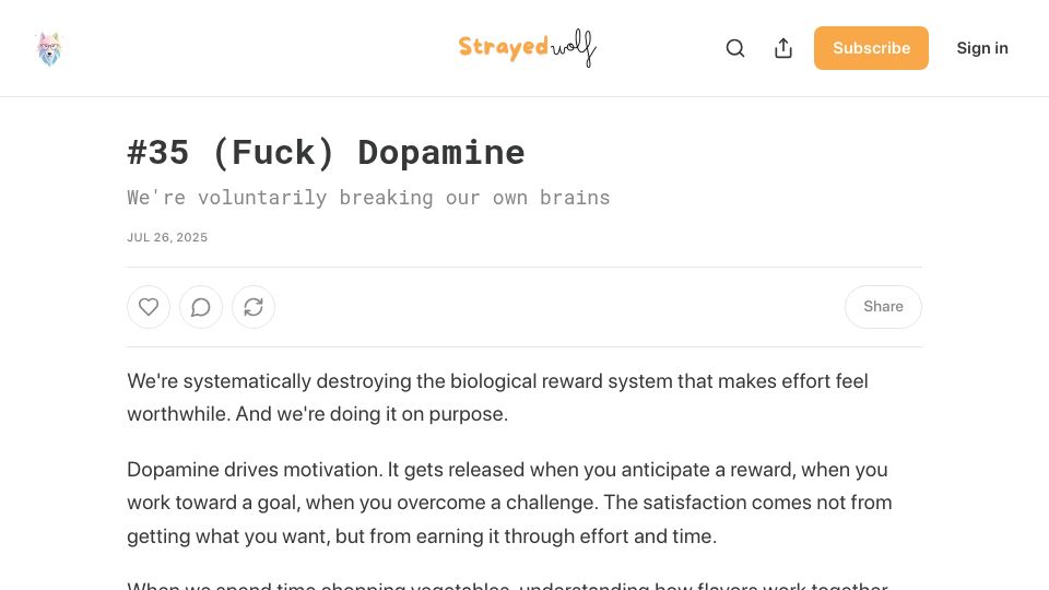 Screenshot of anushkakarmakar.substack.com: Fuck dopamine, we're voluntarily breaking our own brains