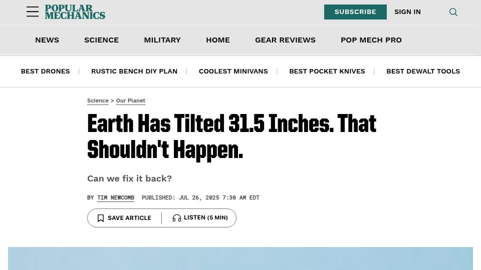 Screenshot of popularmechanics.com: Earth Has Tilted 31.5 Inches. That Shouldn't Happen