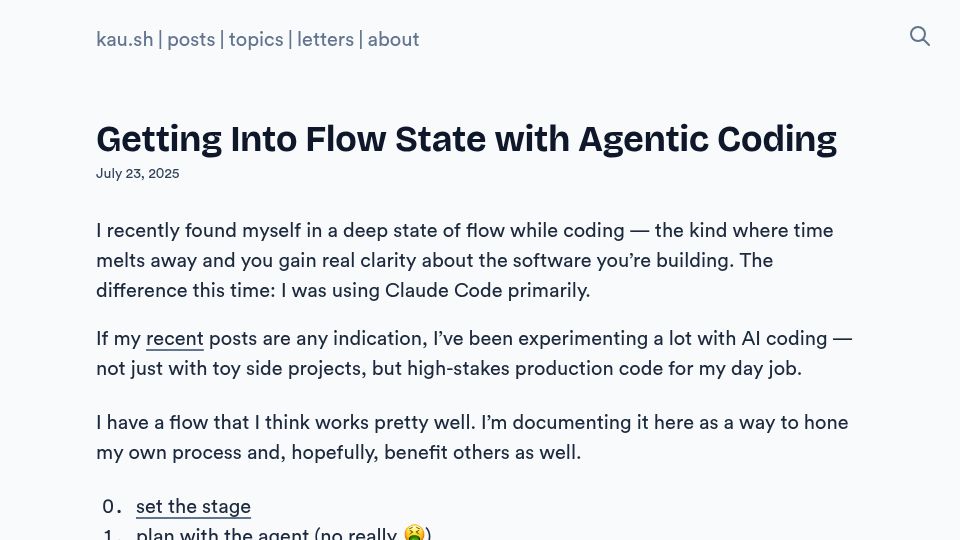 Screenshot of kau.sh: Getting into Flow State with Agentic Coding