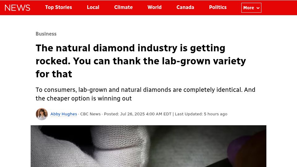 Screenshot of cbc.ca: The natural diamond industry is getting rocked. Thank the lab-grown variety