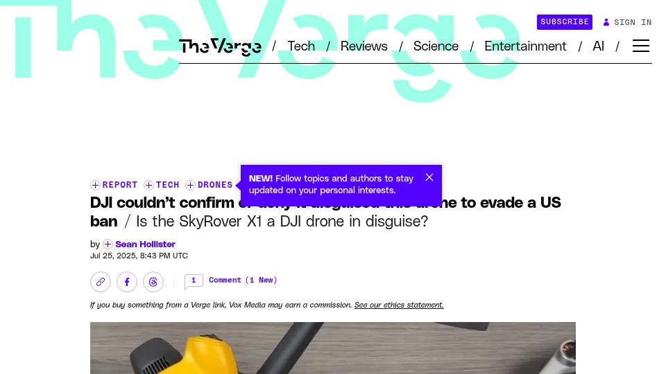 Screenshot of theverge.com: DJI couldn't confirm or deny it disguised this drone to evade a US ban