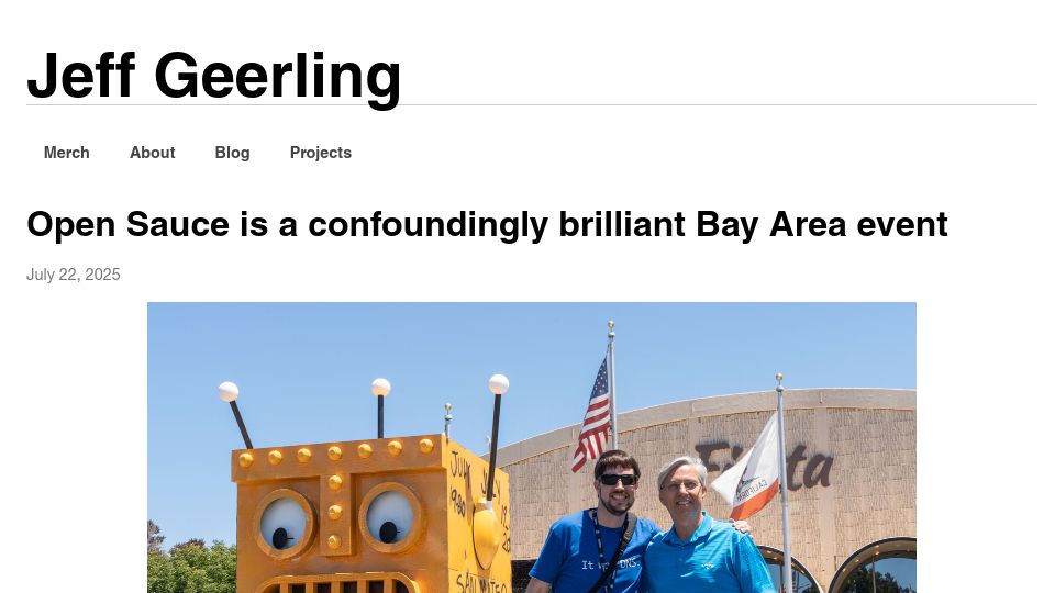 Screenshot of jeffgeerling.com: Open Sauce is a confoundingly brilliant Bay Area event