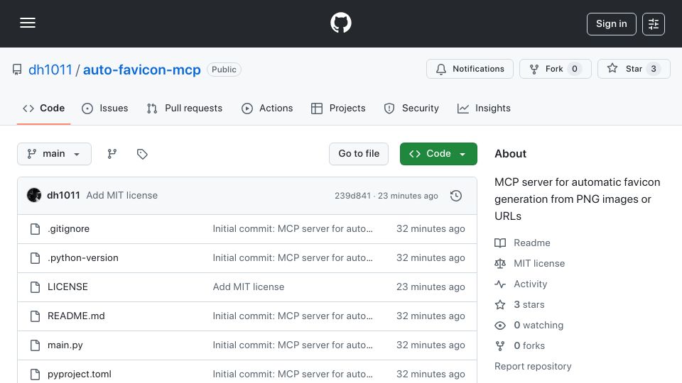 Screenshot of github.com: Show HN: Auto Favicon MCP Server