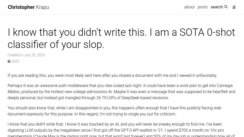 Screenshot of christopherkrapu.com: I am a SOTA 0-shot classifier of your slop