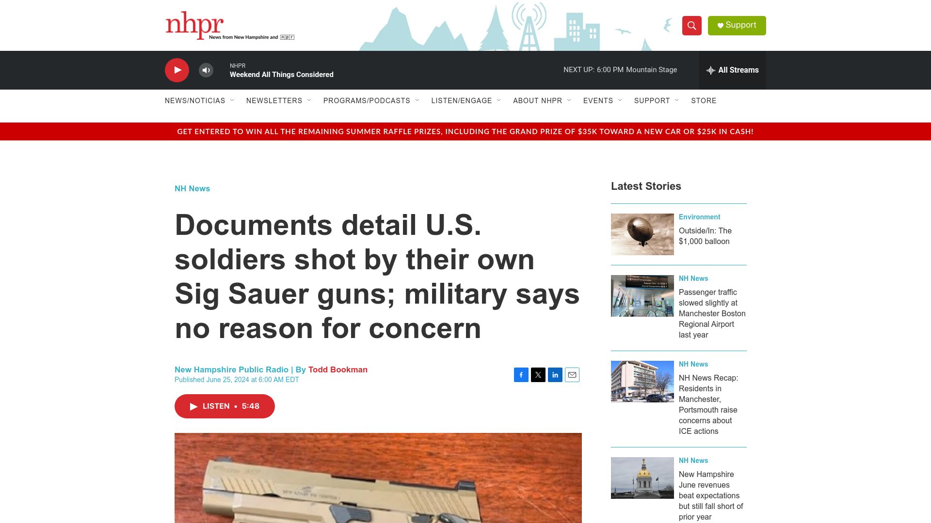 Screenshot of nhpr.org: Documents detail U.S. soldiers shot by their own Sig Sauer guns (2024)