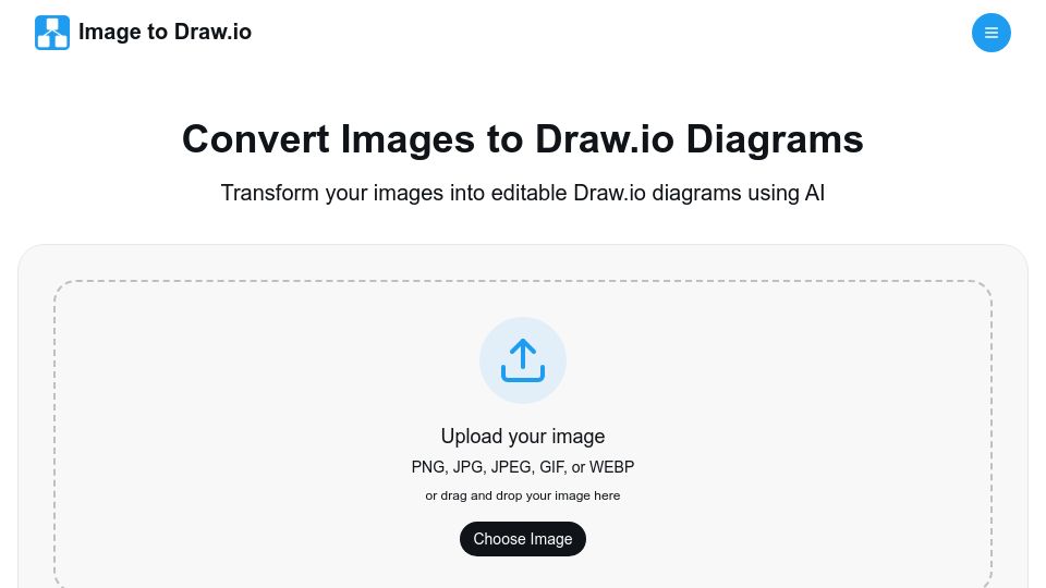Screenshot of imagetodrawio.com: Turn any diagram image into an editable Draw.io file. No more redrawing