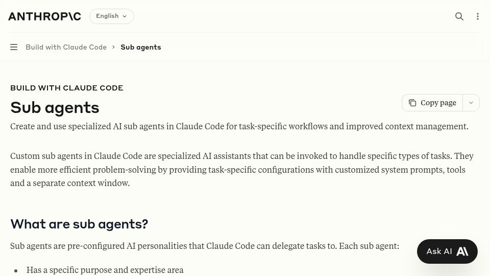 Screenshot of docs.anthropic.com: Claude Code introduces specialized sub-agents