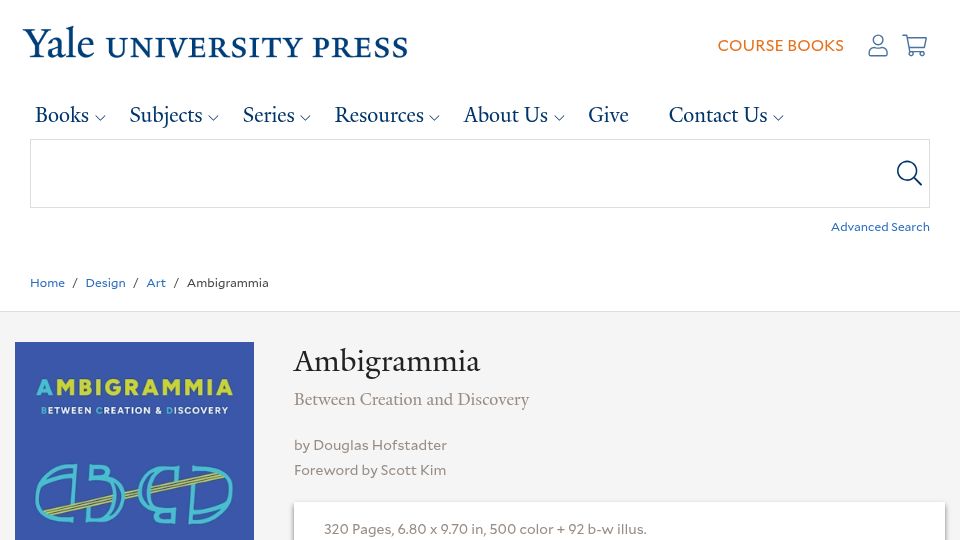 Screenshot of yalebooks.yale.edu: Ambigrammia: Between Creation and Discovery (Hofstadter, 2025)