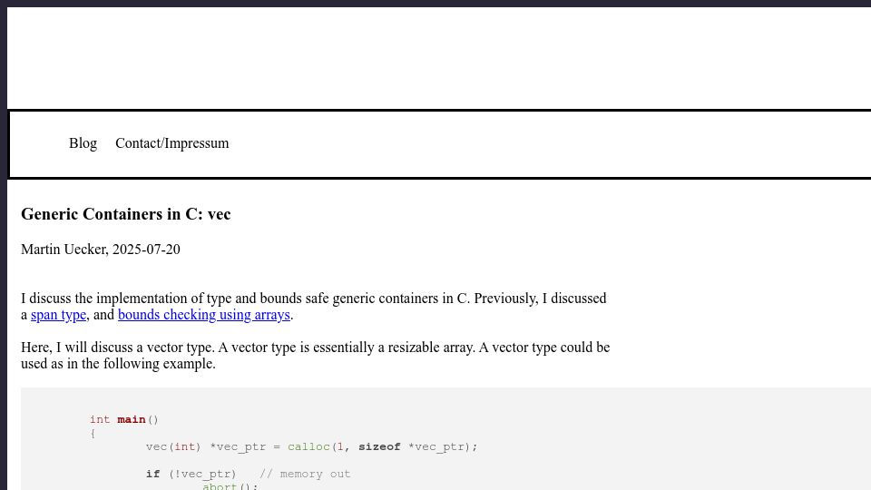 Screenshot of uecker.codeberg.page: Generic Containers in C: Vec