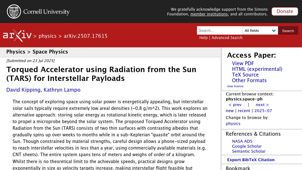 Screenshot of arxiv.org: Torqued Accelerator Using Radiation from the Sun (Tars) for Interstellar Payload