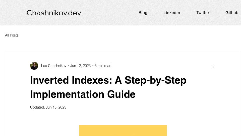 Screenshot of chashnikov.dev: Inverted Indexes: A Step-by-Step Implementation Guide (2023)