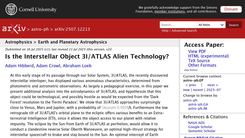 Screenshot of arxiv.org: Is the Interstellar Object 3I/Atlas Alien Technology?
