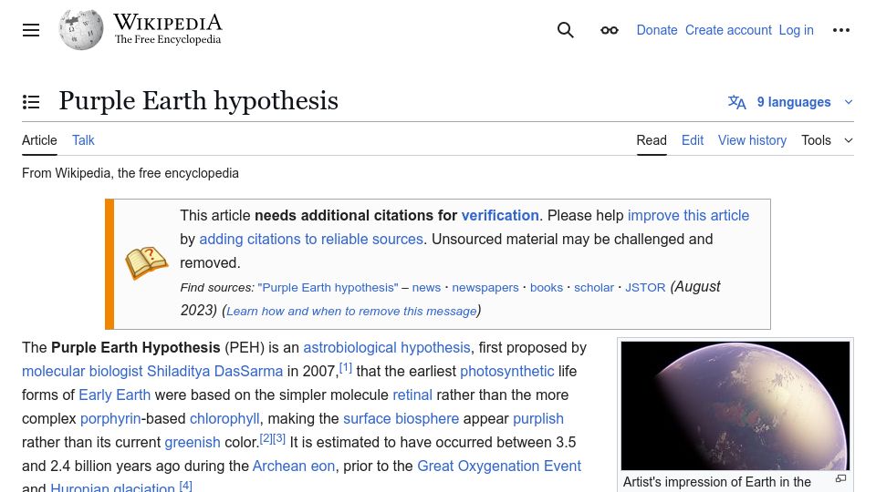 Screenshot of en.wikipedia.org: Purple Earth hypothesis