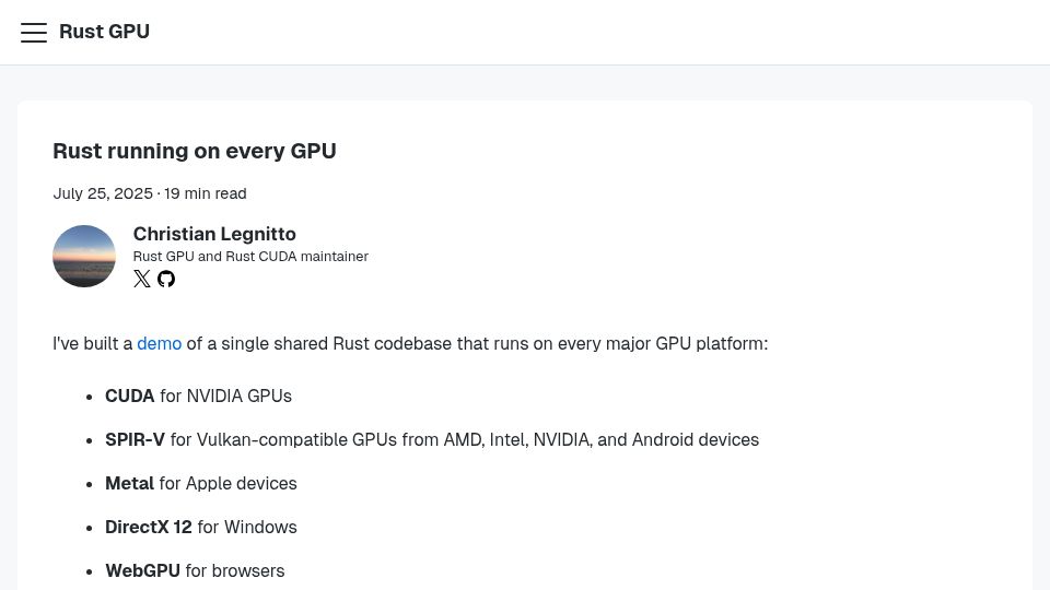 Screenshot of rust-gpu.github.io: Rust running on every GPU