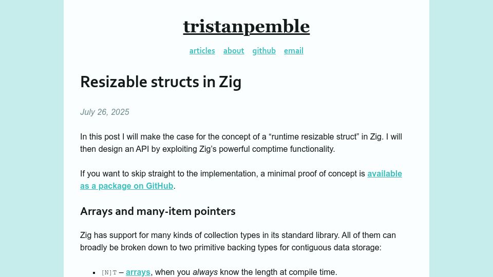 Screenshot of tristanpemble.com: Resizable structs in Zig