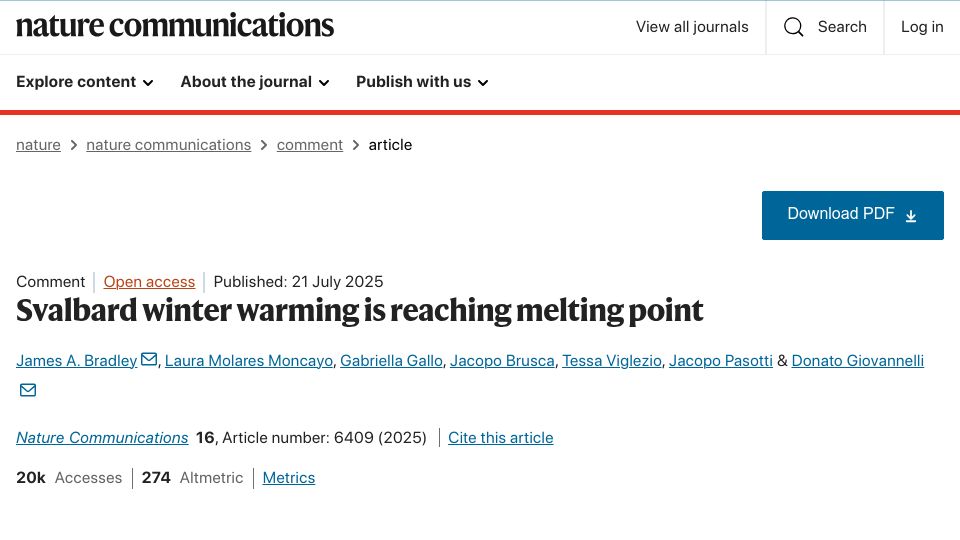 Screenshot of nature.com: Svalbard winter warming is reaching melting point
