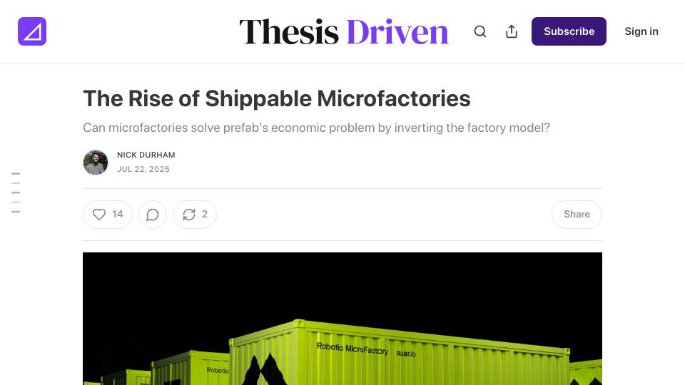 Screenshot of thesisdriven.com: The Rise of Shippable Microfactories
