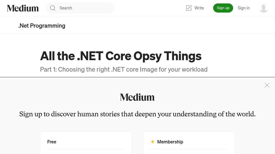 Screenshot of medium.com: Choosing the rijght .NET container image for your workload