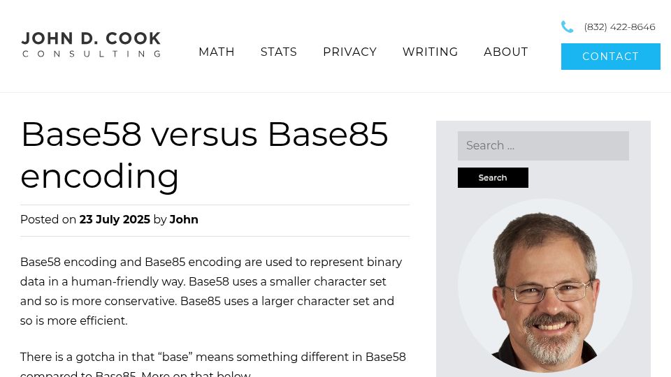 Screenshot of johndcook.com: Base58 versus Base85 Encoding