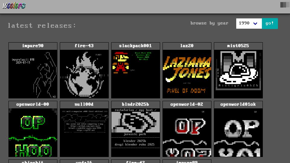 Screenshot of 16colo.rs: 16colo.rs: ANSI/ASCII art archive