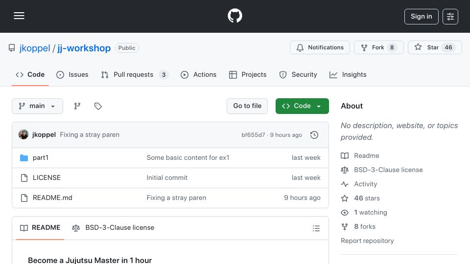 Screenshot of github.com: The JJ VCS workshop: A zero-to-hero speedrun