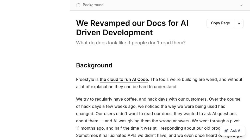 Screenshot of docs.freestyle.sh: We revamped our docs for AI-driven development