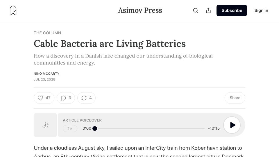 Screenshot of asimov.press: Cable bacteria are living batteries