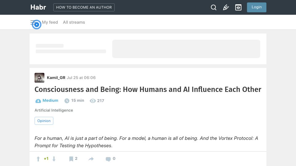 Screenshot of habr.com: Consciousness and being: How humans and AI influence each other