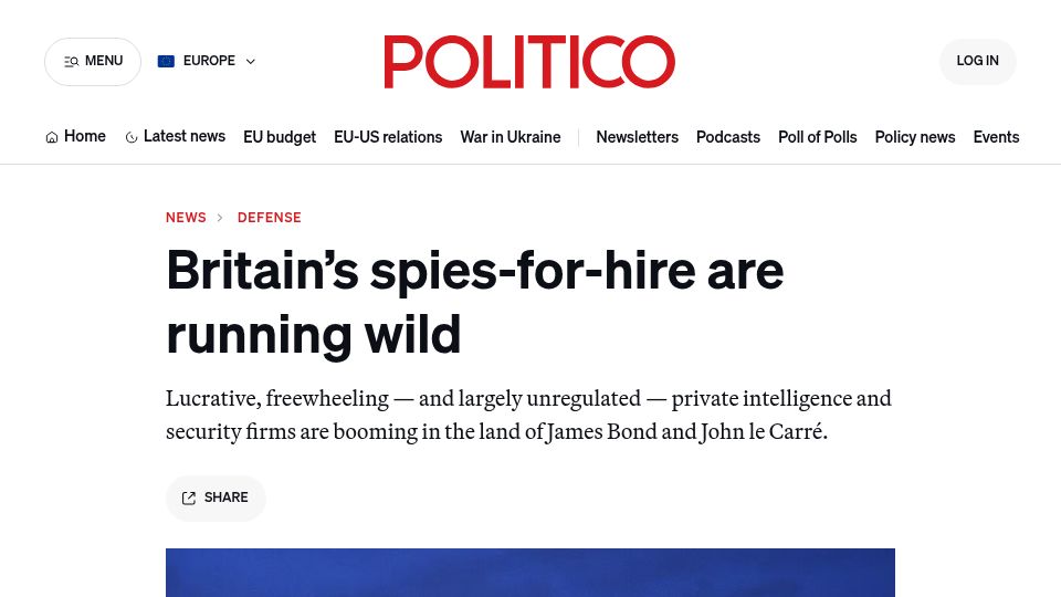 Screenshot of politico.eu: Britain's spies-for-hire are running wild