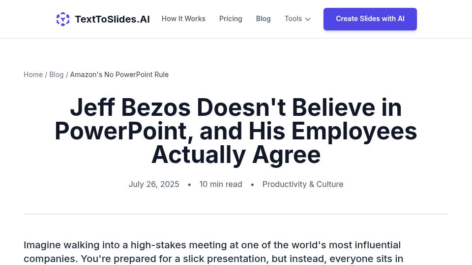Screenshot of texttoslides.ai: Jeff Bezos doesn't believe in PowerPoint, and his employees agree