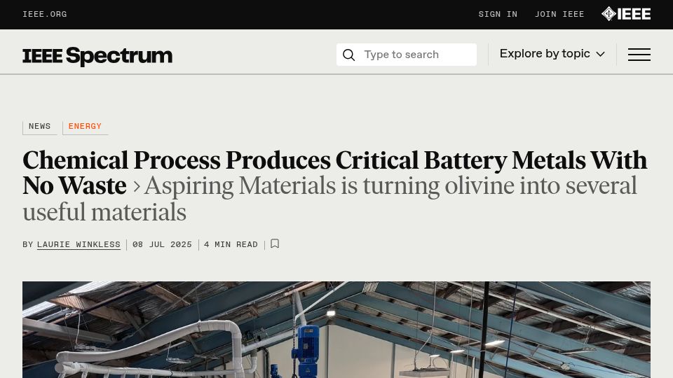 Screenshot of spectrum.ieee.org: Chemical process produces critical battery metals with no waste