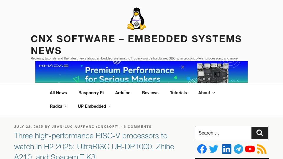 Screenshot of cnx-software.com: High-performance RISC-V processors: UltraRISC UR-DP1000, Zhihe A210, SpacemIT K3