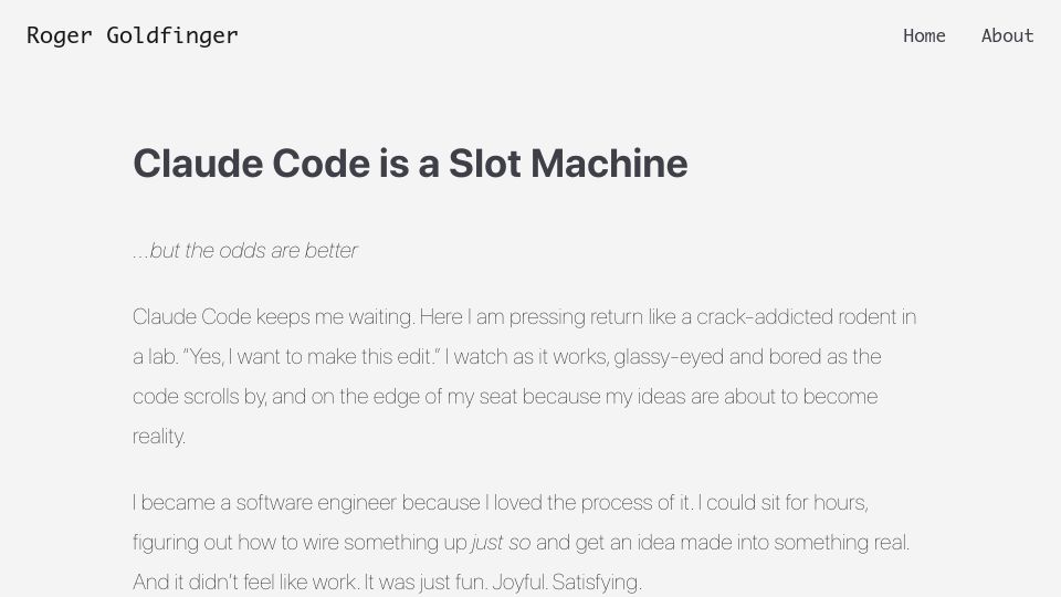 Screenshot of rgoldfinger.com: Claude Code Is a Slot Machine